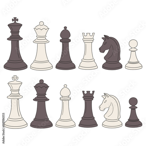 Chess pieces. Game illustration. Chess print, vector drawing. Design texture from different pieces. King, queen, bishop, knight, rook, pawn.