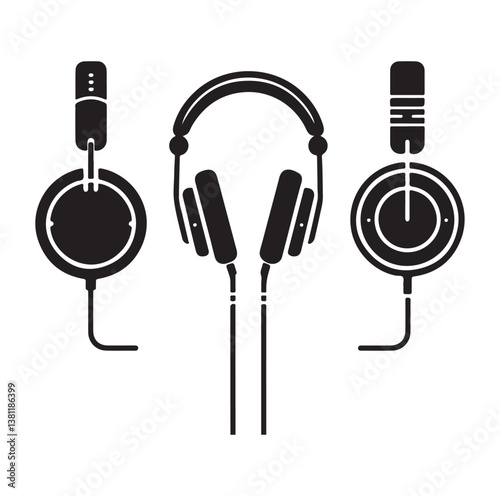 Headphone earphone silhouette black and white icon set vector and illustration design.
