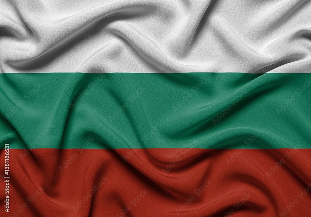 Obraz premium Bulgarian Flag National Symbol, Fabric Texture, Red, Green, and White Stripes, Close-up of Waved Cloth