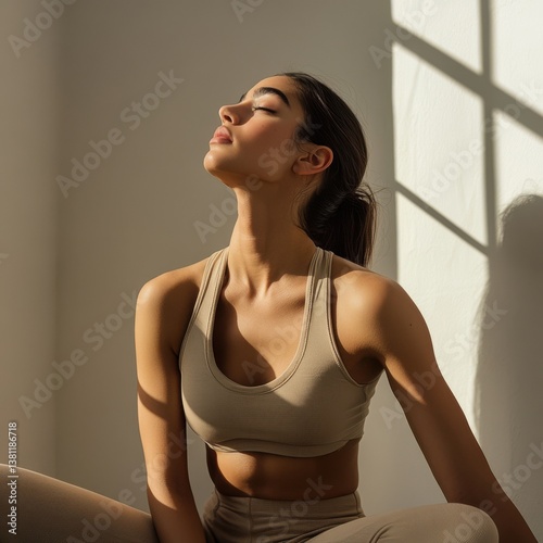 Young woman enjoying serenity in yoga pose against sunlit wall  