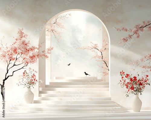 Serene Archway with Spring Blossoms.