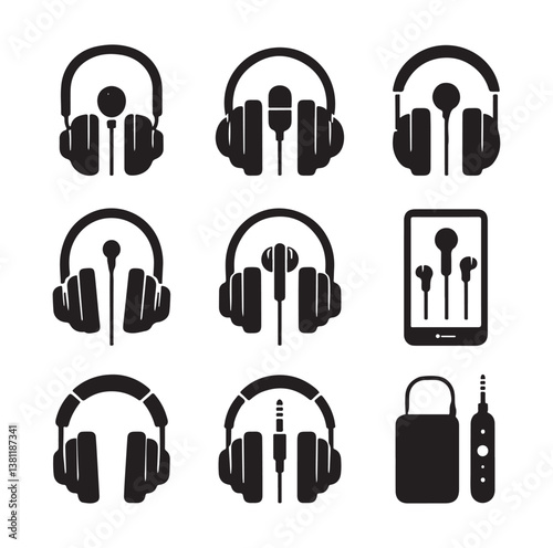 Headphone earphone silhouette black and white icon set vector and illustration design.
