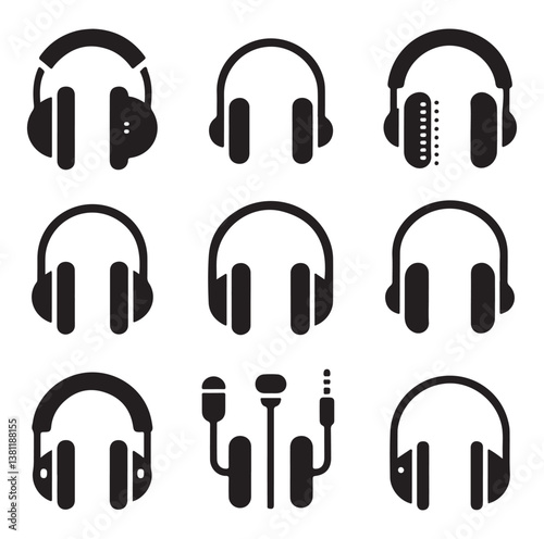 Headphone earphone silhouette black and white icon set vector and illustration design.