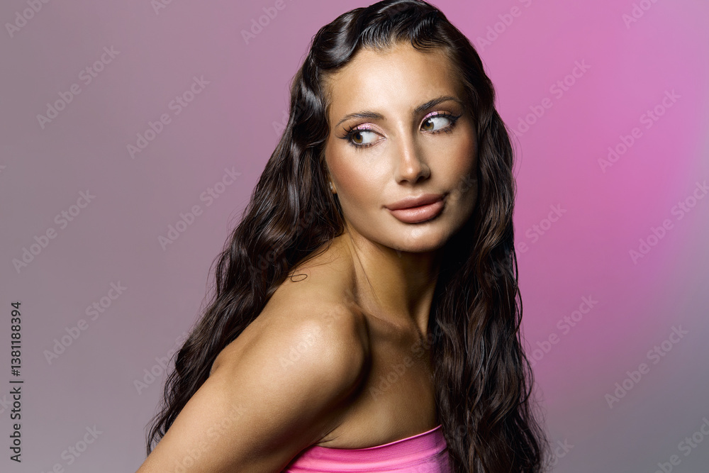 beautiful happy woman with wet curly hair style and make-up