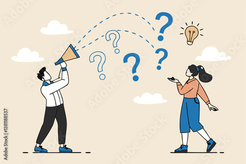 Question and answer, FAQ frequently asked questions, asking and reply to solve problem, help information, solution or q and a session concept, business people with question mark and lightbulb bubble.