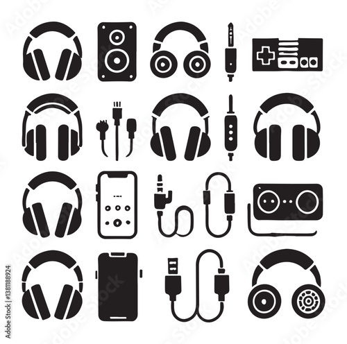 Headphone earphone silhouette black and white icon set vector and illustration design.