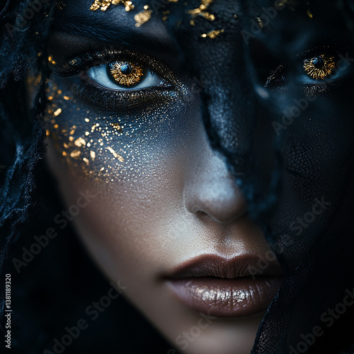 Symmetrical up close photography, face of a woman, gold eyes, black dark blue, circular reticular gold jewels, moody
