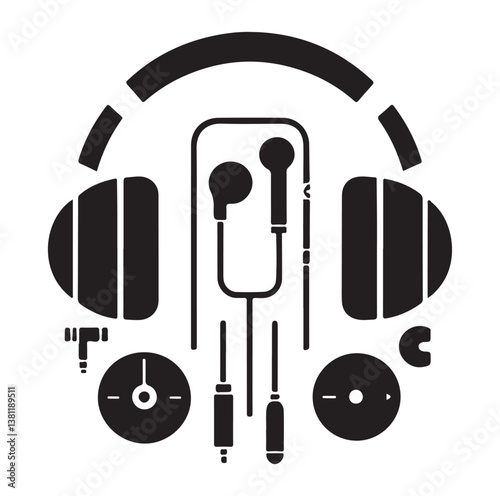 Headphone earphone silhouette black and white icon set vector and illustration design.