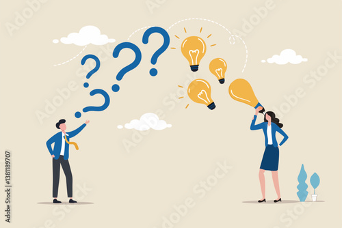 Question and answer, FAQ frequently asked questions, asking and reply to solve problem, help information, solution or q and a session concept, business people with question mark and lightbulb bubble.