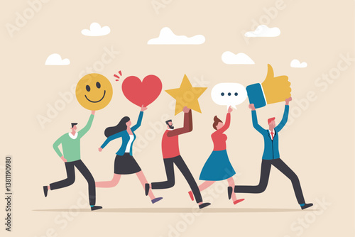 Social media customer feedback review, employee satisfaction, positive feedback on online ranking, giving high score rating, like or happy opinion concept, people carry social feedback elements.