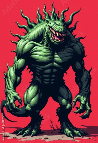 A green monster with a big mouth and fangs on a red background