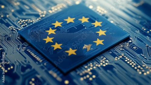 European Union flag overlaid on a circuit board.  Detailed close-up view of the European Union flag superimposed on a complex circuit board