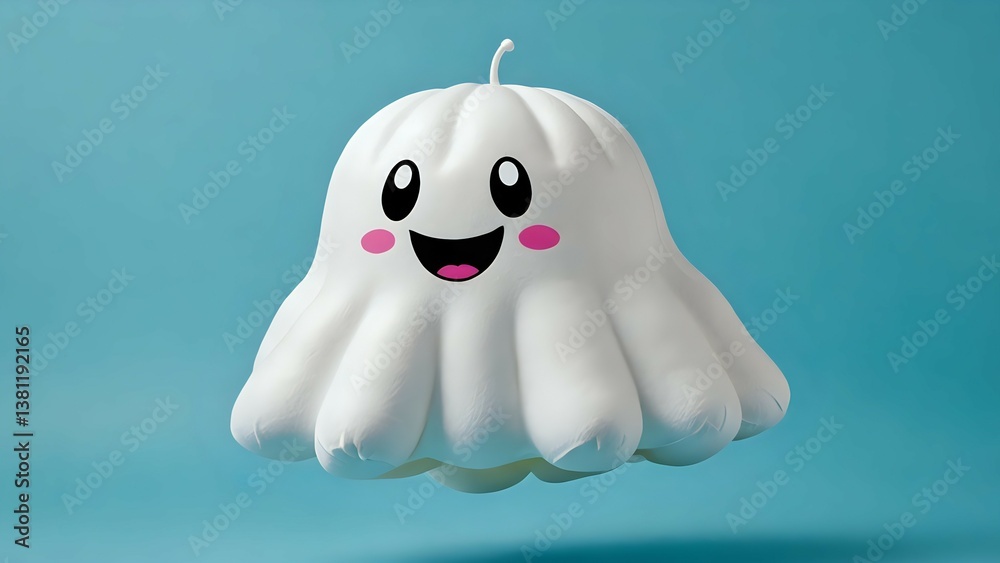 Fototapeta premium Adorable 3D rendered happy ghost, floating against a teal background. Perfect for Halloween, children's media, or whimsical designs.