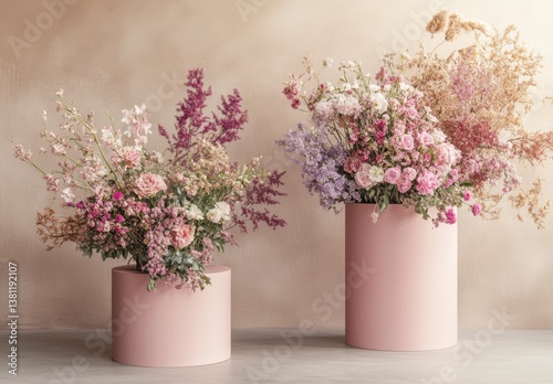 Wallpaper Mural Pastel Flower Arrangements in Blush Pink Vases Against Beige Textured Background Torontodigital.ca