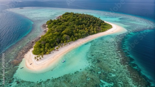 Koh Lipe Island Beach Satun Thailand Andaman Sea Aerial view of a tropical island surrounded by clear turquoise waters and coral reefs. photo