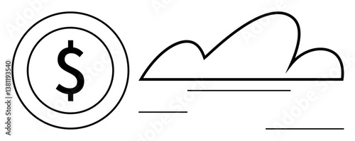 Dollar coin and curved cloud-shaped outline connected by horizontal lines. Ideal for finance, cloud technology, online transactions, remote work, savings, digital economy, flat simple metaphor