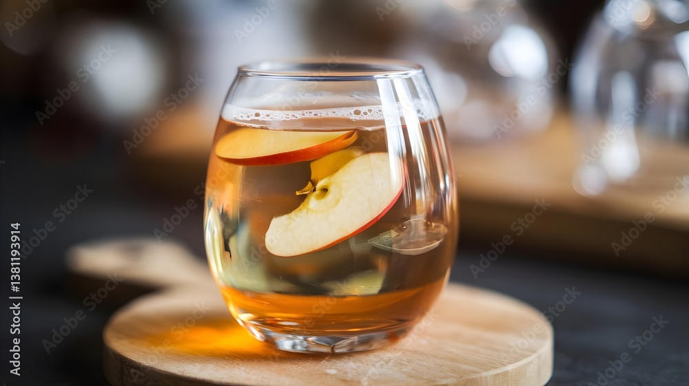 Glass of apple juice with a slice of apple and bubbles