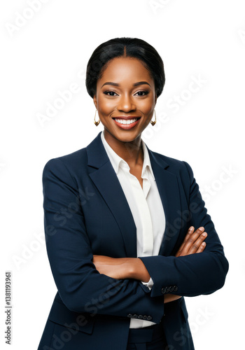 Portrait of a smiling african american woman in a dark blue business suit with arms crossed on black on transparent background