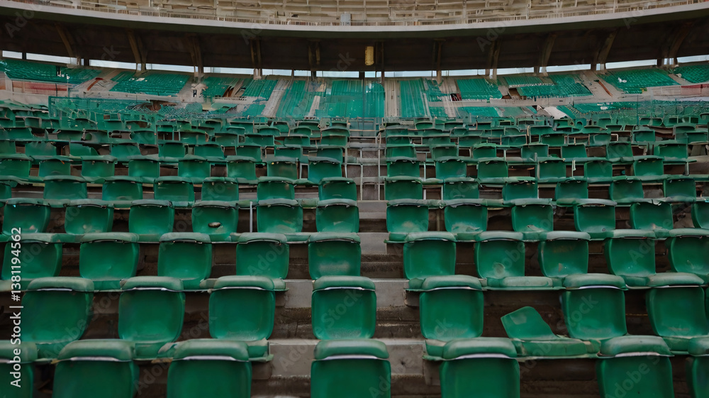 Fototapeta premium An empty stadium with numerous green plastic seats arranged in rows. 