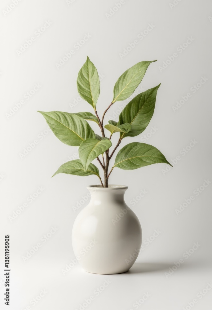 A white vase with a plant in it on a table