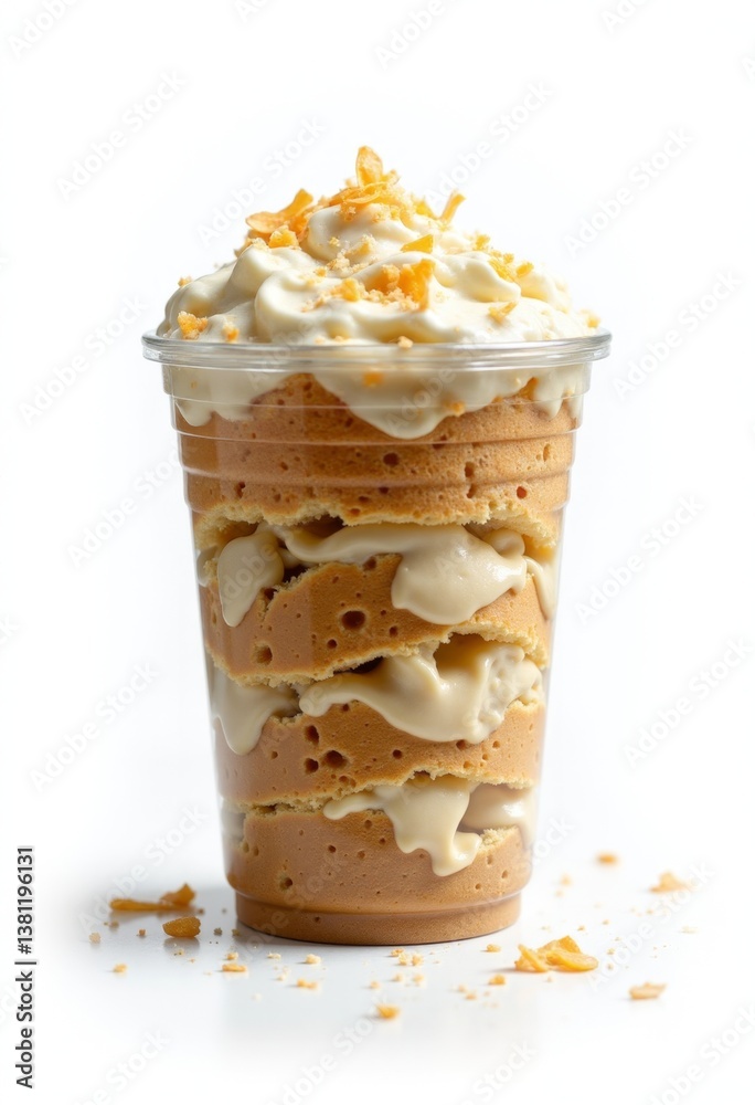 A dessert in a plastic cup with whipped cream on top