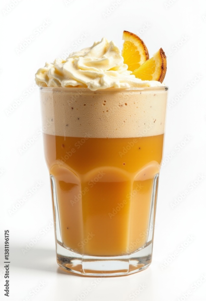 A glass of orange juice with whipped cream on top