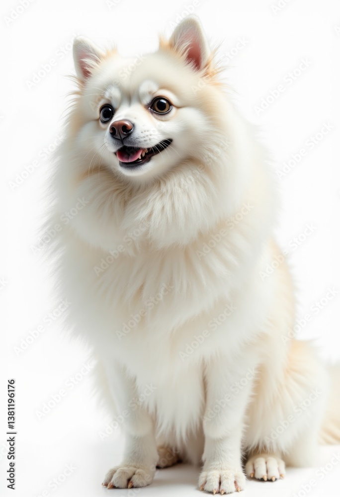 A white dog sitting on a white surface with a white background
