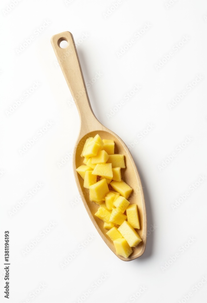 A wooden spoon filled with sliced mangoes on a white surface
