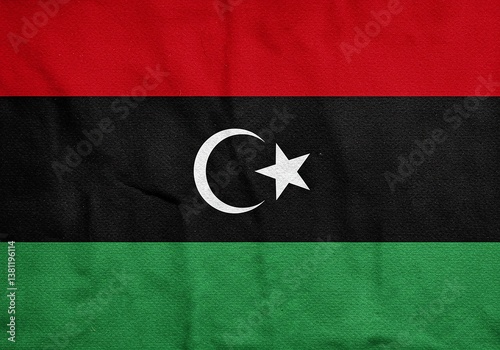 Libya Flag Texture, Red, Black, Green, Crescent Moon, Star, Libyan National Emblem, Fabric.