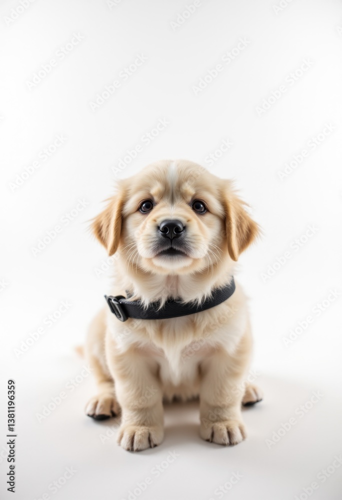 A small dog with a black collar sitting on a white surface