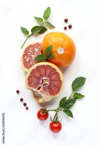 Obraz na płótnie A group of oranges, grapefruits, and tomatoes on a white surface w salonie