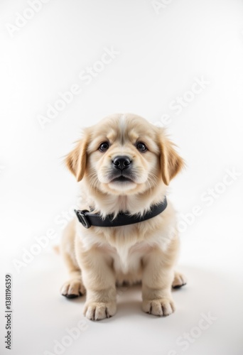 Obraz na płótnie A small dog with a black collar sitting on a white surface w salonie