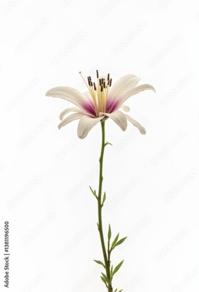 A single white flower with a pink center on a stem