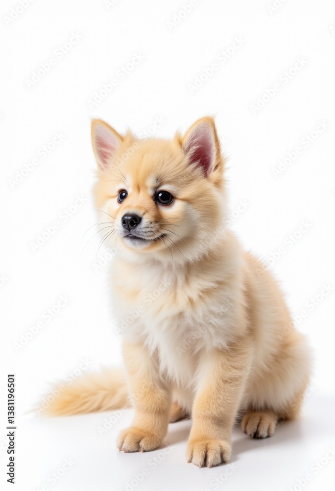 A small brown dog sitting on a white surface