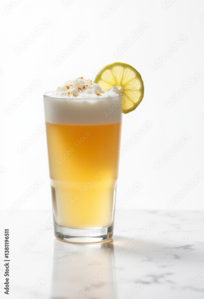 A tall glass filled with a drink and a slice of lemon
