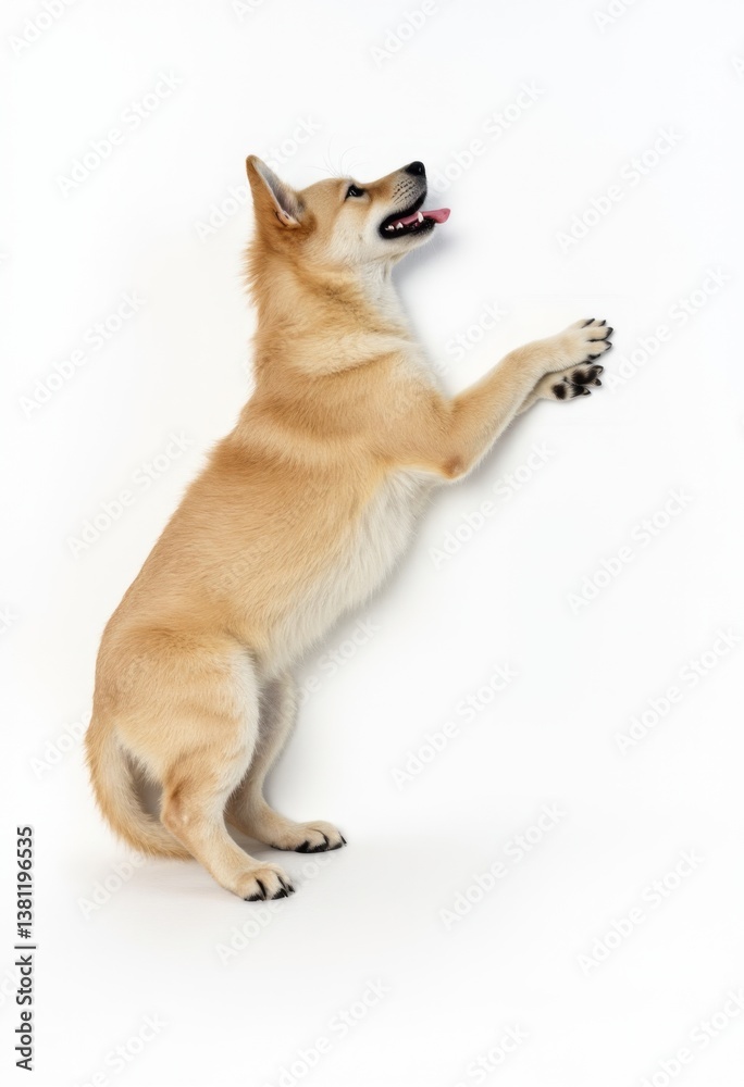 A dog standing on its hind legs with its paw up in the air
