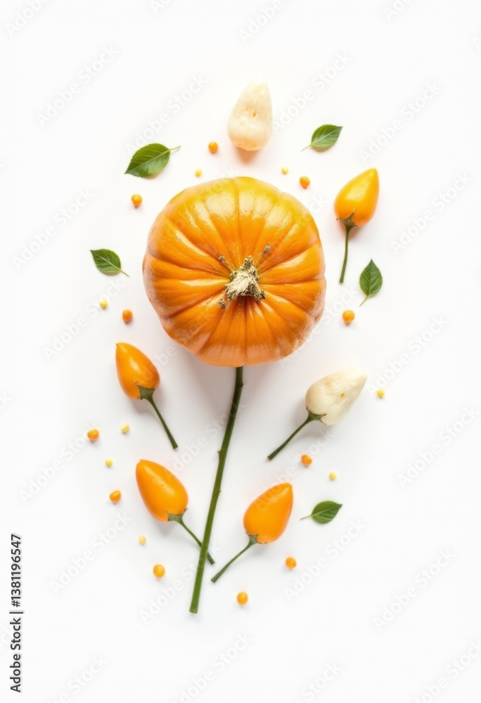 A small orange pumpkin surrounded by small orange flowers and leaves