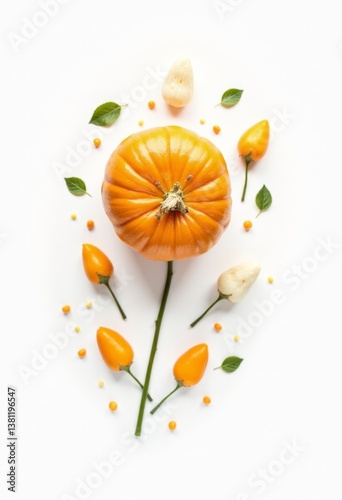 Obraz na płótnie A small orange pumpkin surrounded by small orange flowers and leaves w salonie