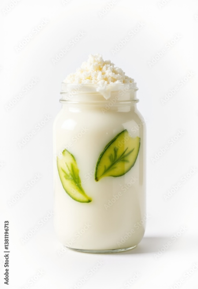 A glass jar filled with a drink with a slice of cucumber on top