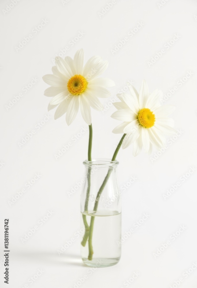 Two white daisies in a glass vase on a white background