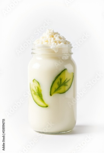 Obraz na płótnie A glass jar filled with a drink with a slice of cucumber on top w salonie