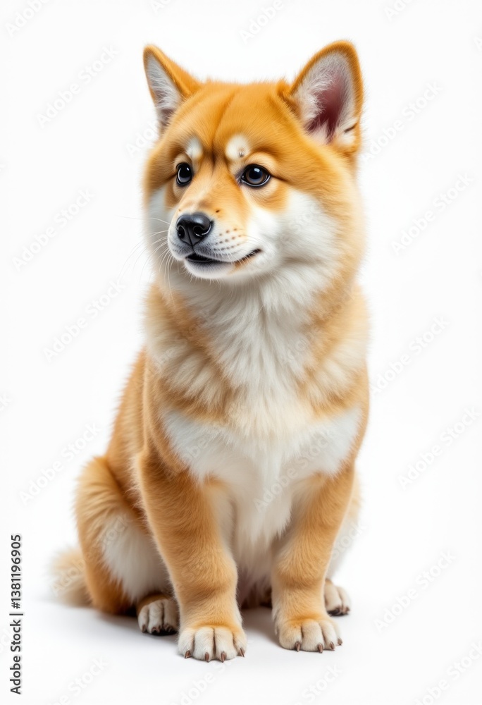 A small brown and white dog sitting on a white surface