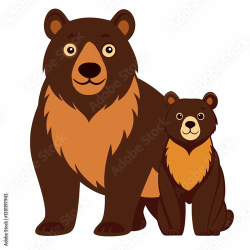 Cartoon grizzly bear with cute baby bear. Bear family. isolated on white background. Vector children's illustration