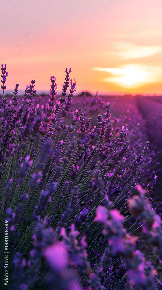 Obraz premium Vibrant lavender field in bloom under a colorful sunset sky, with distant mountains creating a serene landscape concept