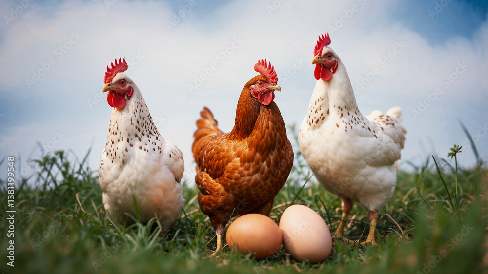 Fototapeta premium Two white and one brown hens stand near two light beige eggs.