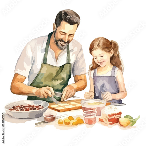 watercolor A father and daughter baking illustration