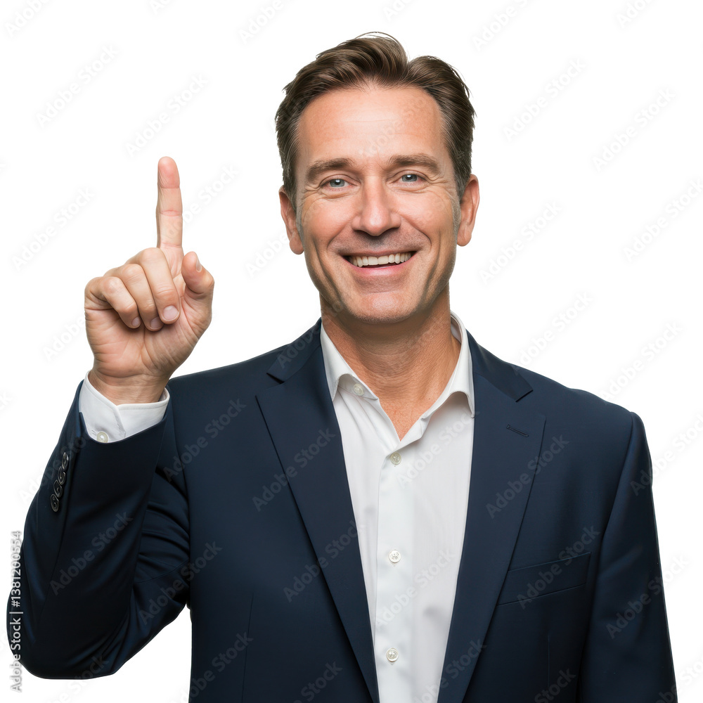 Man in a suit pointing up with a smile on a transparent background for creative use cases here now Man in a suit pointing up with a smile on a transparent background for creative use cases here now