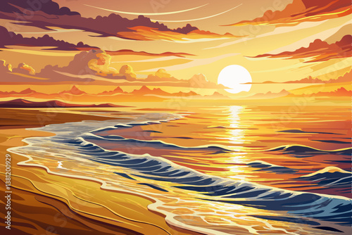 ocean waves rolling onto a sandy beach under a golden sunrise, sea landscape