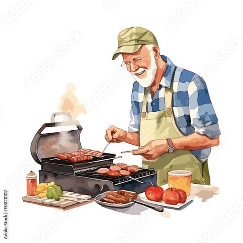 watercolor A father grilling food illustration