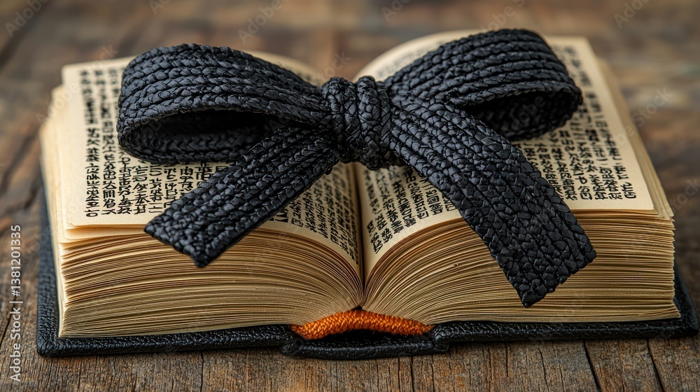 Fototapeta premium Black Belt on an Open Book: A Symbol of Knowledge and Discipline